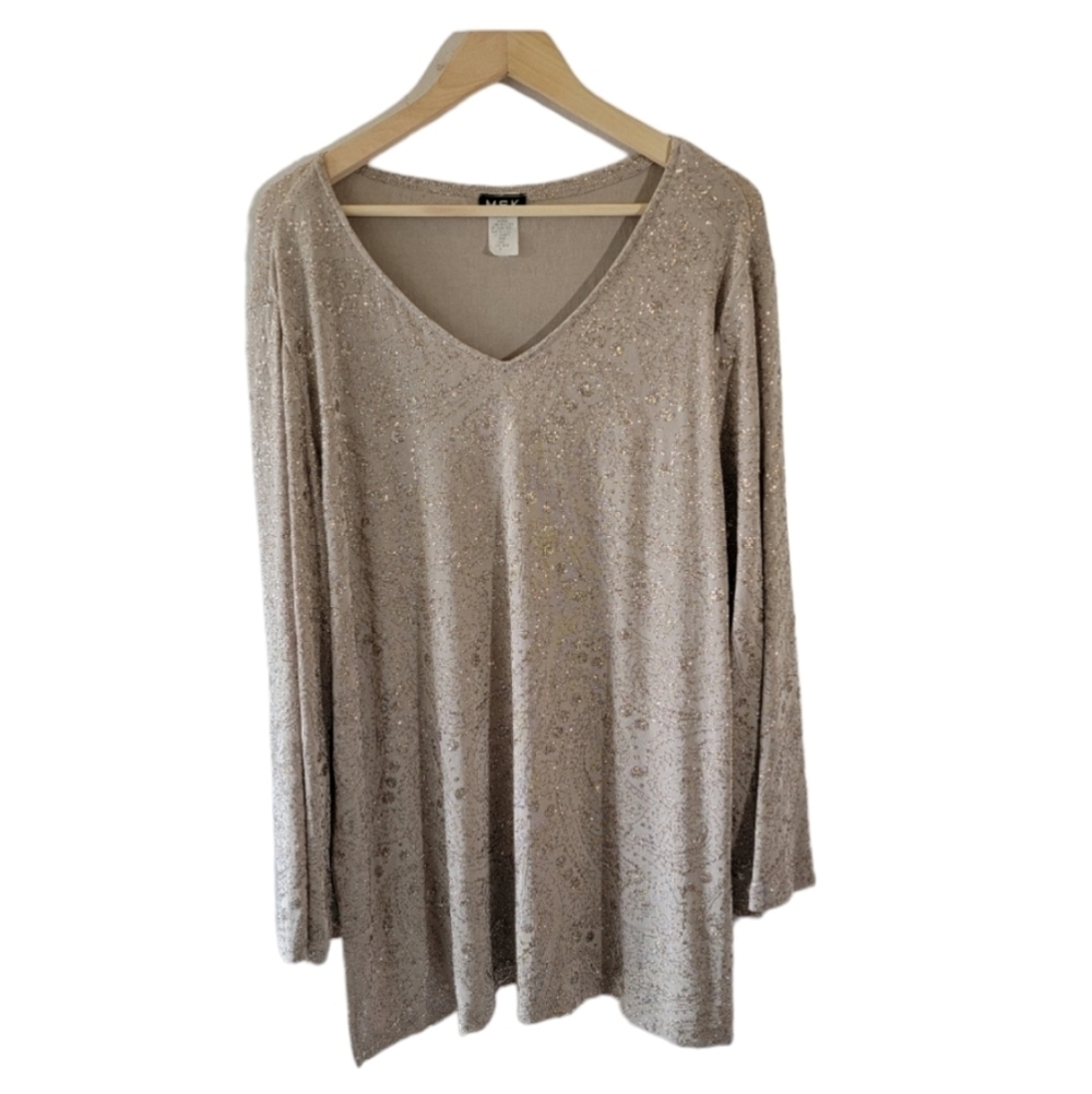 MSK Womens Plus Sz Tunic Blouse 3X Oatmeal Metallic Sparkle Party Lagenlook USA